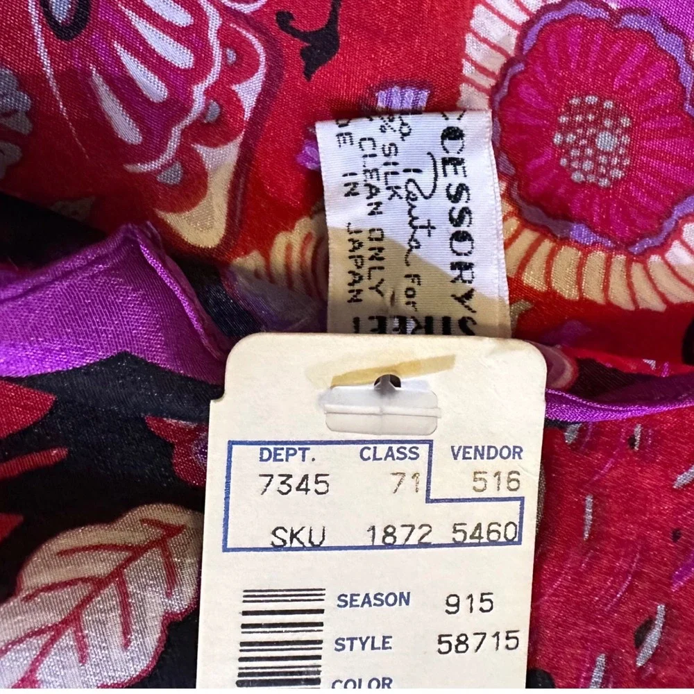 Oscar de la Renta Vintage Silk Skinny Scarf Floral Geometric Magenta Black Japan